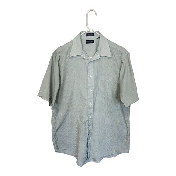 Christian Dior | Green Pin Stripe Short Sleeve Button Down Vintage Mens Shirt 16 - Picture 1 of 4